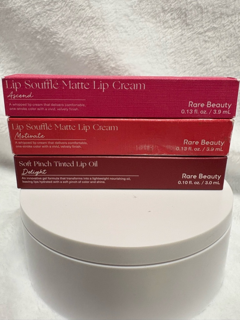 Rare Beauty Lip Souffle Matte/ Lip Oil Bundle. 3 Lippies New In Box Full Size